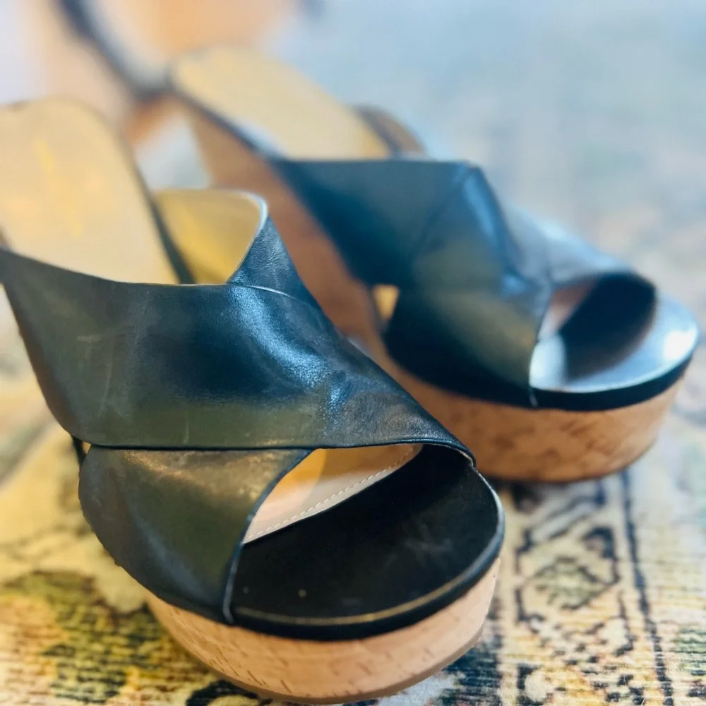 Via Spiga Black Leather Cork Wedge Sandals sz 10